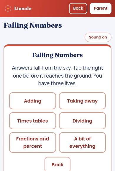Falling Numbers maths game choices