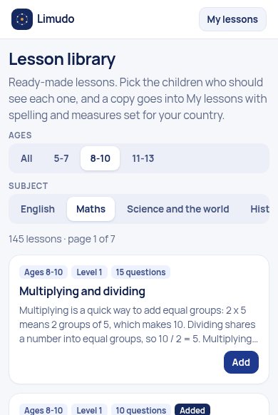 Lesson library with age and subject filters
