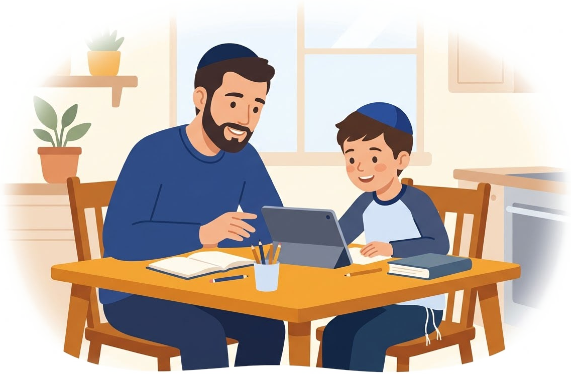 A father and son learning together at the kitchen table